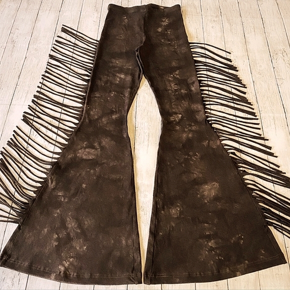 Sew Red Pants - High Waisted Fringe Bell Bottoms in BROWN TIE DYE Size XS S M L XL Suede Leather